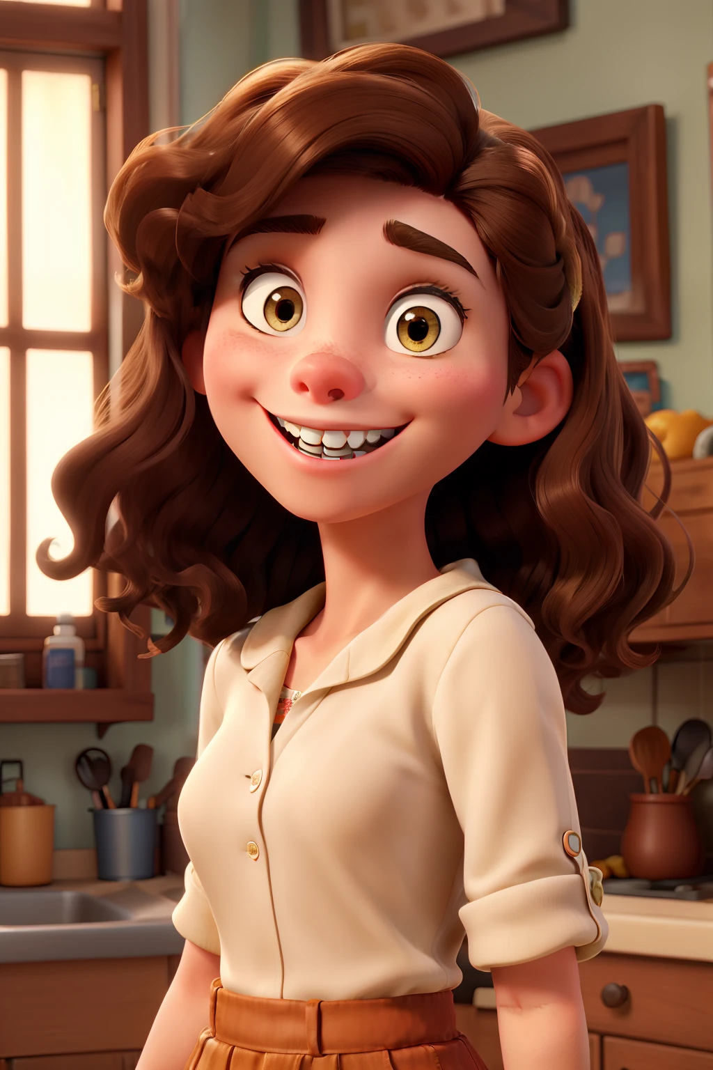 Disney artwork teen girl hair medium wavy with lightened brunette, brown woman with dental braces on her teeth