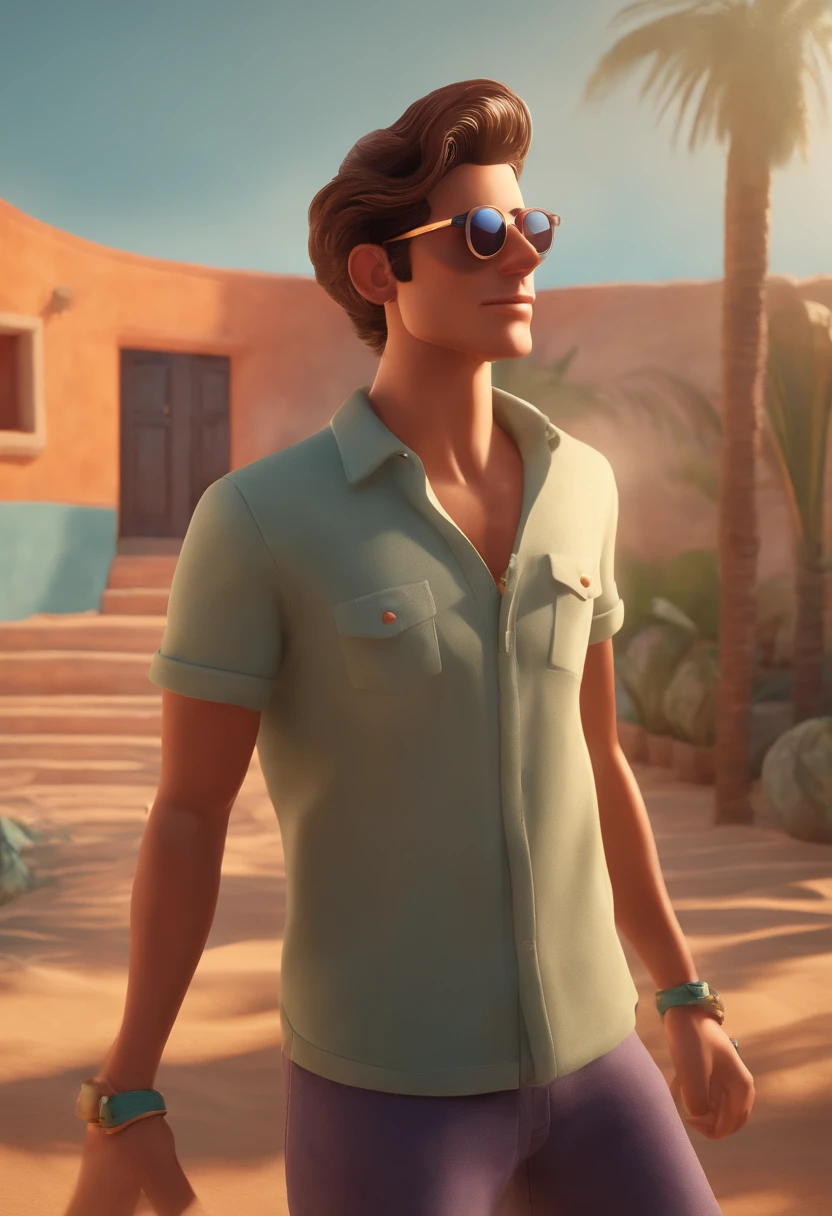 Image of a man for a story in a YouTube video in Pixar format, He's the great allabester, Ele gosta de praia, He's outgoing, Playful and gets up for a lot of things, Short hair and sunglasses