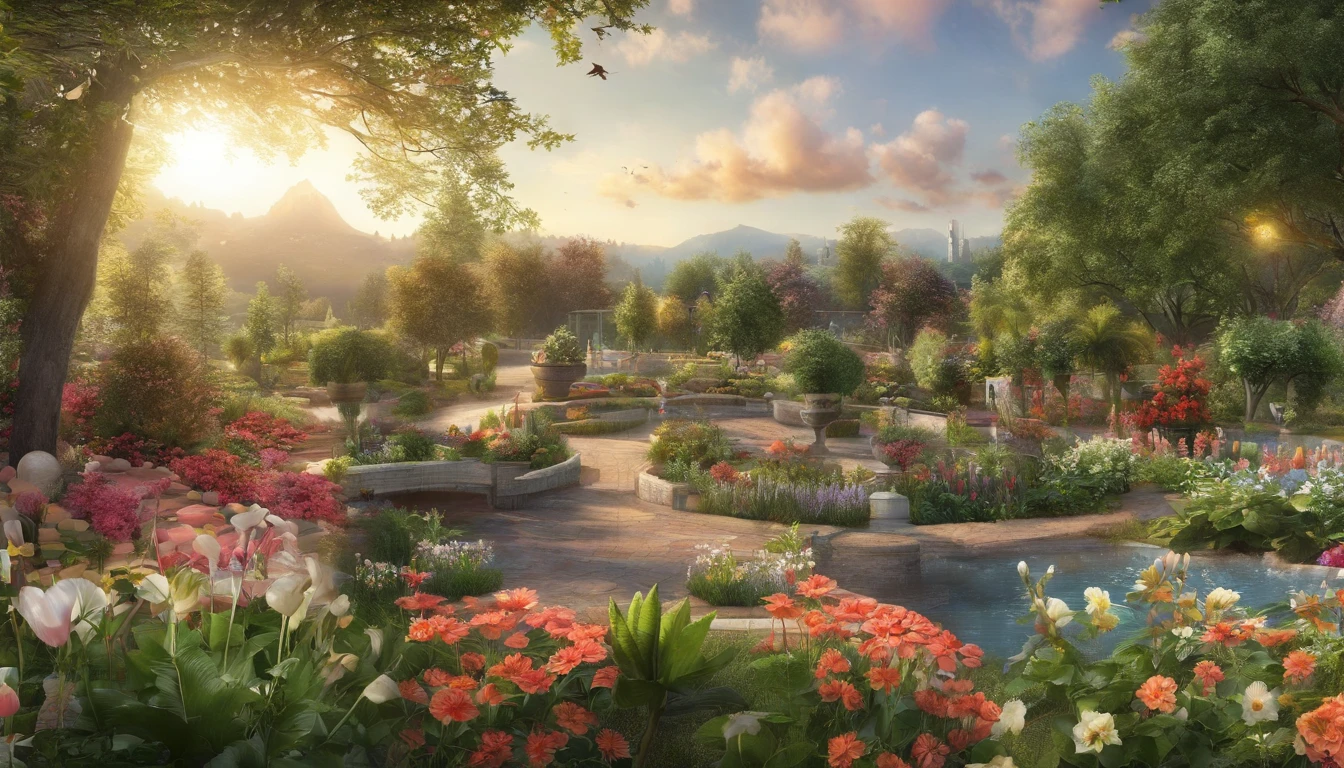 Together with the shining sun, it creates a realistic landscape of a beautiful flower garden. paradise