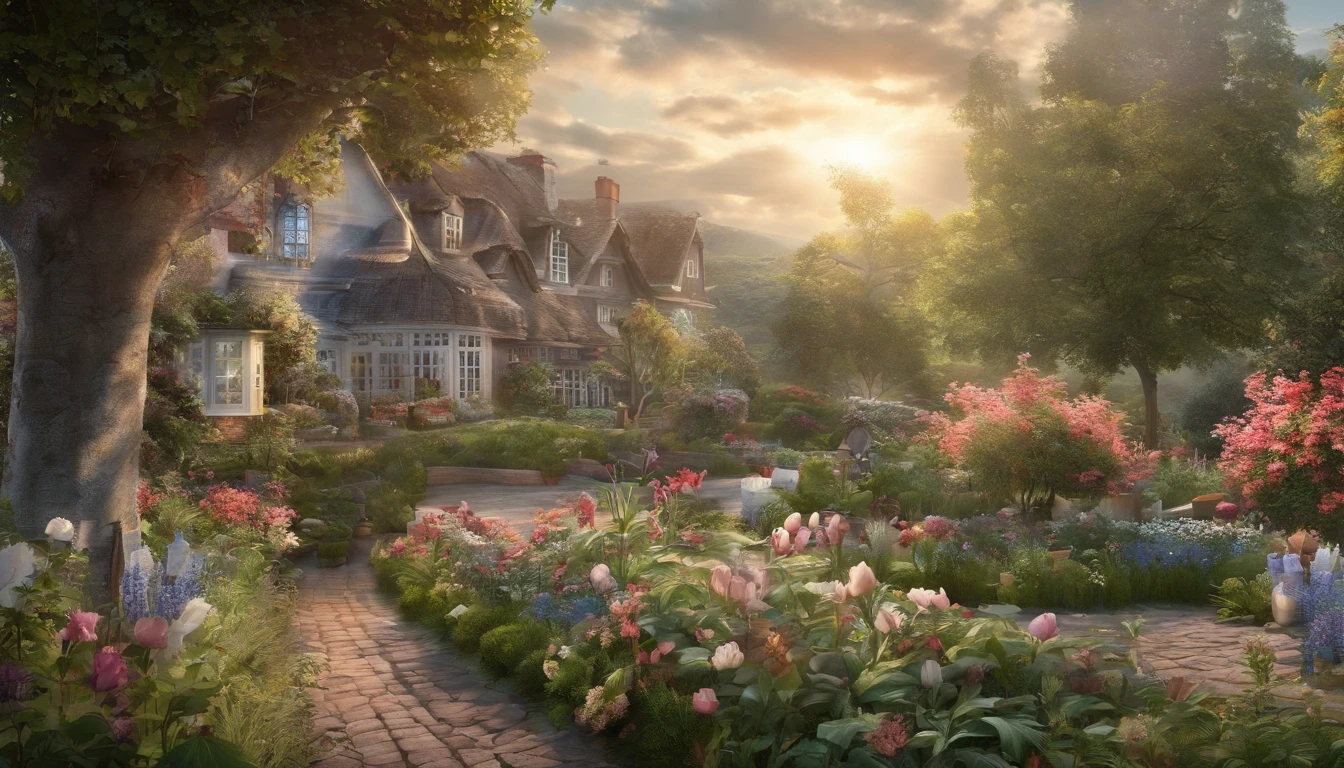 Together with the shining sun, it creates a realistic landscape of a beautiful flower garden. paradise