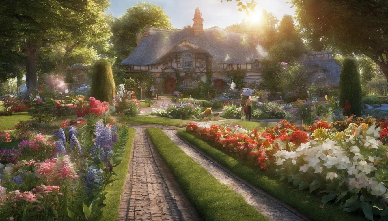 Together with the shining sun, it creates a realistic landscape of a beautiful flower garden. paradise