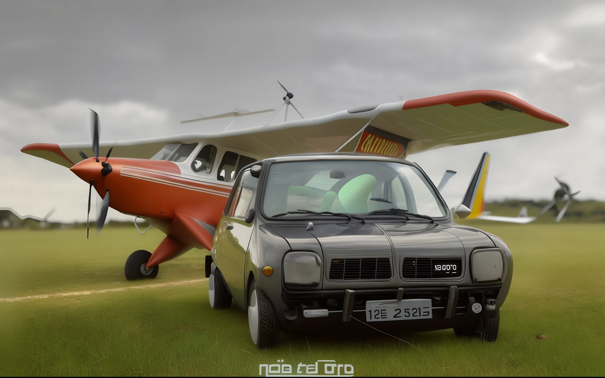 There's a small car parked in front of a small plane, muito triste c 12.0, low-up angle, retrato!!!!, Baixa Grande Angular, Retrato no meio da foto, em pilotos, illustration!, retrato!!!, suave em segundo plano, altura mediana, low shooting angle, com roletas no telhado, imagem de alta qualidade, beautiful angle, foto mid shot