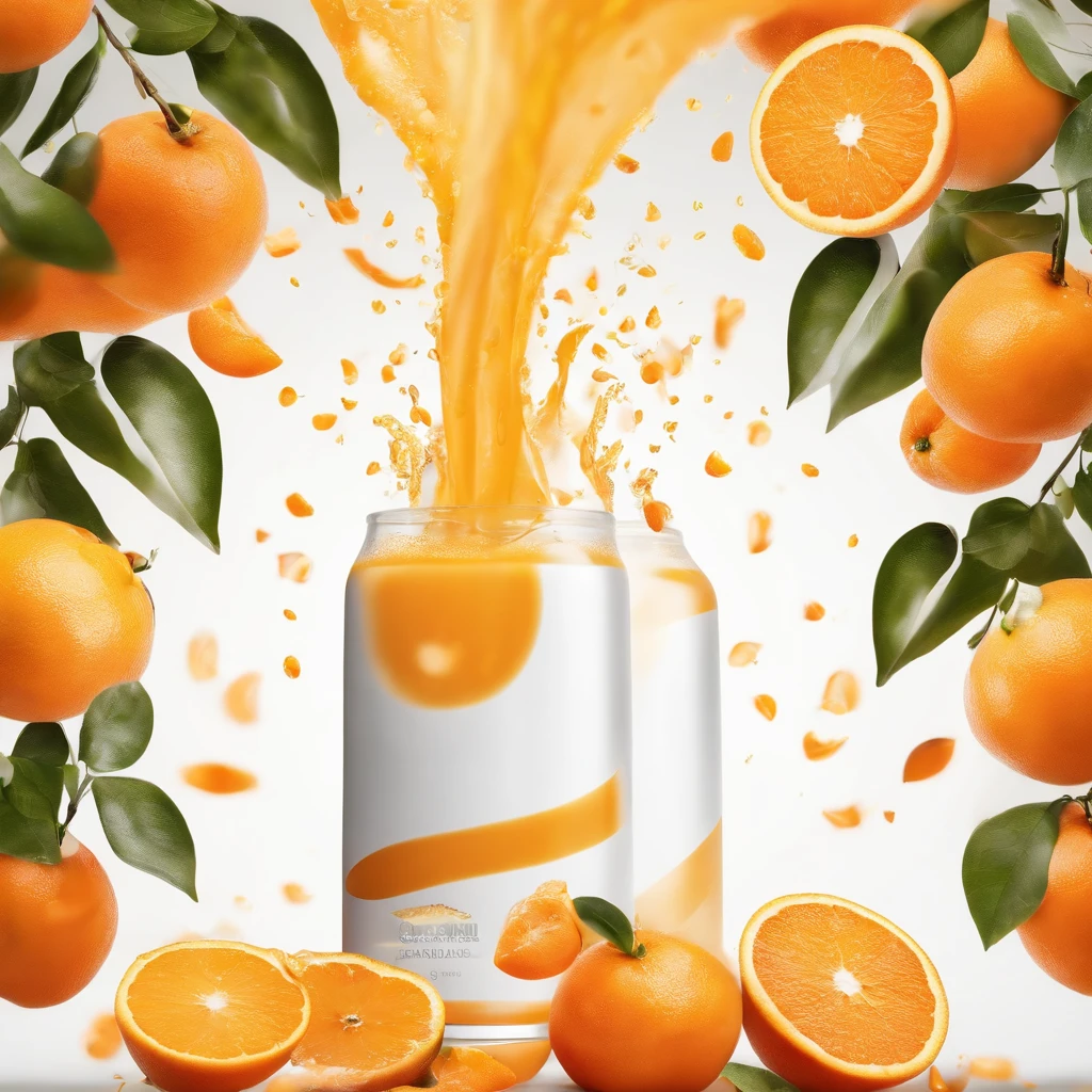 orange juice tornado Surrounded by orange fruits and orange leaves, a white background.