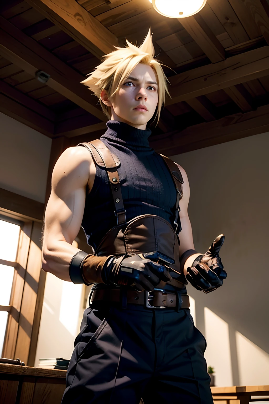 (best quality), (masterpiece), (realistic,) (photo-realistic), ultra-detailed,(looking down:1.2),
1boy,male focus, ,
cloud strife, shoulder armor, sleeveless turtleneck, suspenders, belt, baggy pants, gloves, 
(shaded face:1.1), (sad:1.2),
indoor,country,
professional lighting, photon mapping, physically-based rendering,
