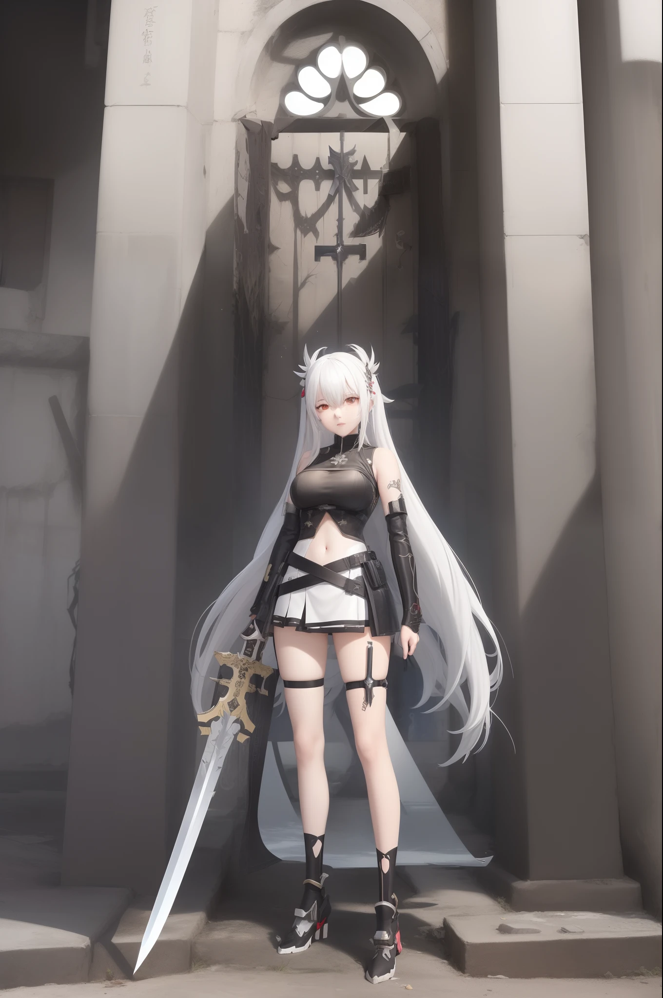 anime girl with long white hair and a sword in a courtyard, from arknights, from girls frontline, white haired deity, girls frontline style, full body xianxia, kantai collection style, girls frontline cg, arknights, gothic maiden anime girl, fine details. girls frontline, onmyoji detailed art, she is holding a sword, anime goddess