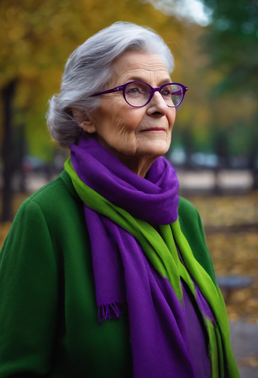 masterpiece, best quality, an old woman with glasses and a scarf on, wearing a purple coat and green scarf, standing at the park