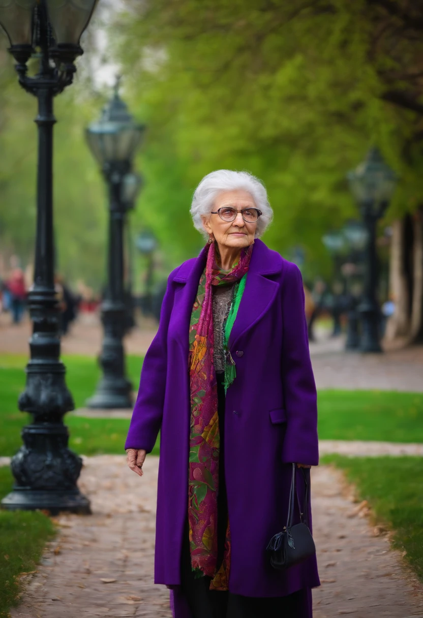 masterpiece, best quality, an old woman with glasses and a scarf on, wearing a purple coat and green scarf, standing at the park