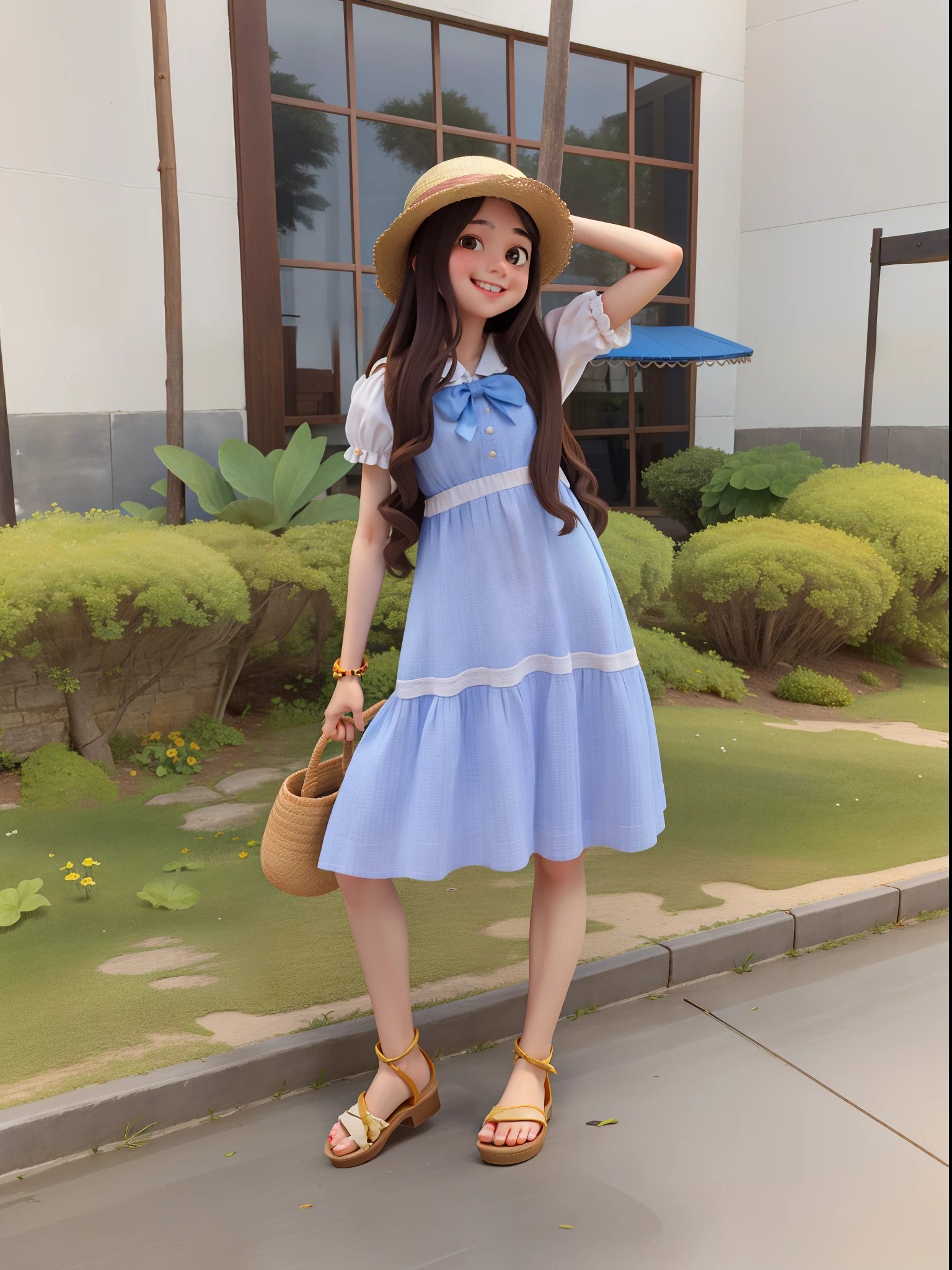 (Masterpiece), (Best Quality:1.3), (Slim Cheerful Girl Frolicking by the Water, Kicking Up the Water:1.3), Full Body, Crystal Clear, (Long Light Brown Hair: 1.3), Wet Hair, (Wet See-Through White Dress: 1.3), Striped Bow, Knee-Length Pleated Skirt, Ruffled Blouse, Long Petticoat, Accessories, Barefoot, High Resolution, F1.4, Sparkling Water Surface, Flying Hat, Cloudssun, contrails, sunlight through trees, summer vacation, rays,