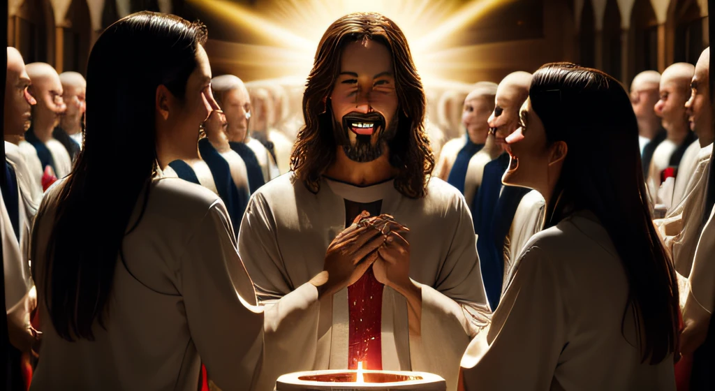 Jesus turning water into wine with a bright divine light.
Surprised and joyful expressions of the guests upon noticing the miracle.