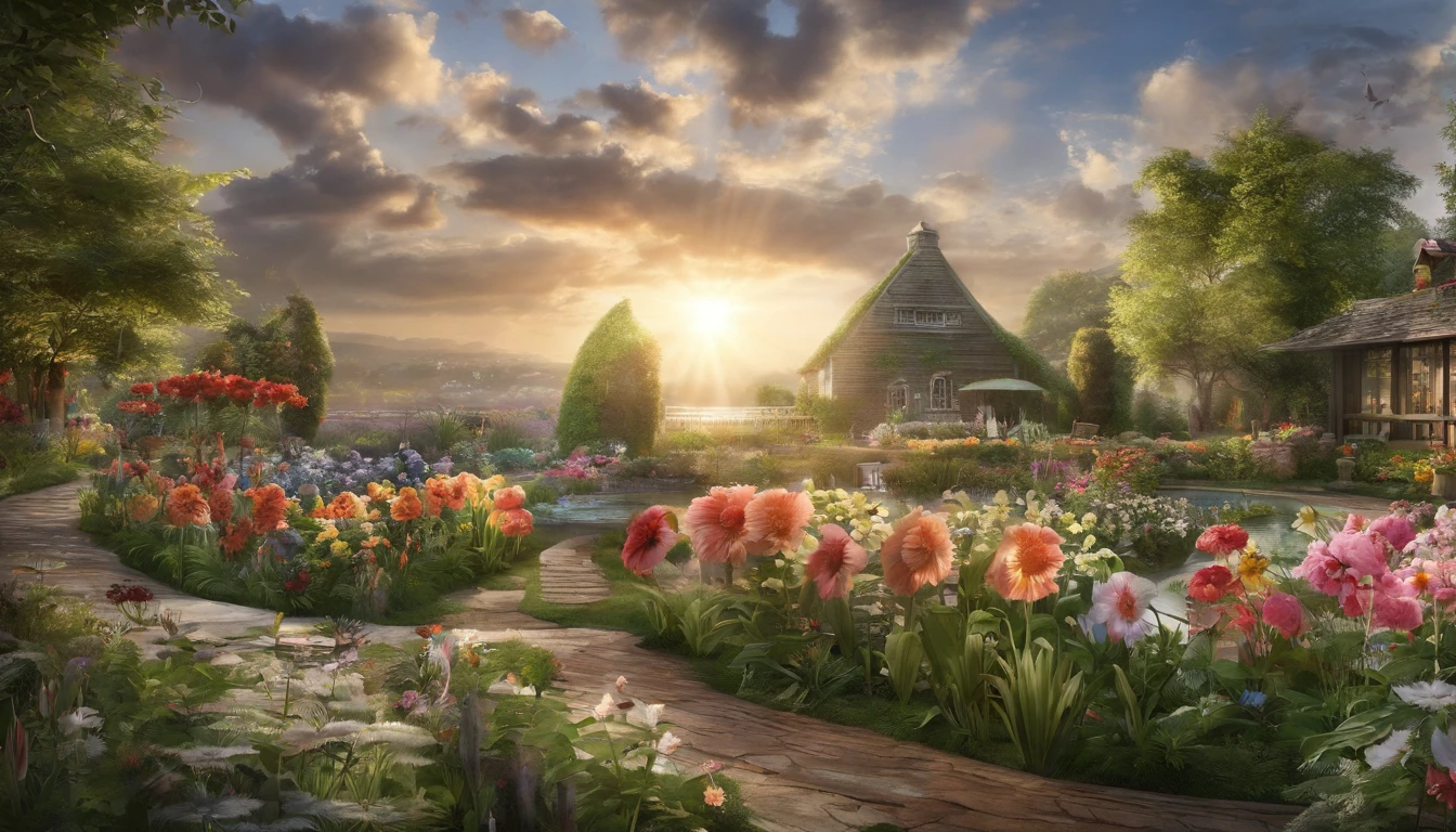 Together with the shining sun, it creates a realistic landscape of a beautiful flower garden. paradise