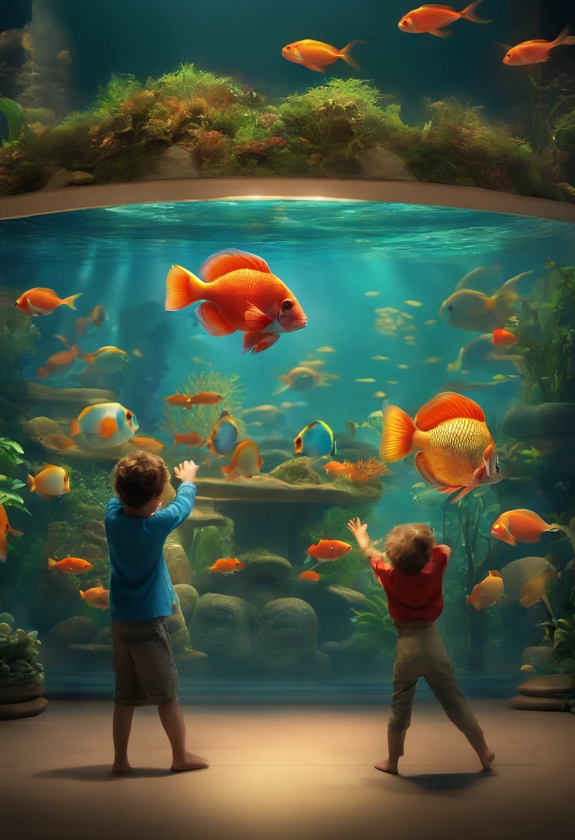 Poster no estilo disney pixar, a multi-tank fish tank with fish like Pacu, Pintado, Arraia, Piraputanga, Dourado, Cascudos, Piramboia, Cará-açu, Traíra and others... In the center of the hall, um lago cheio de peixes, People admiring the fish in the aquarium.