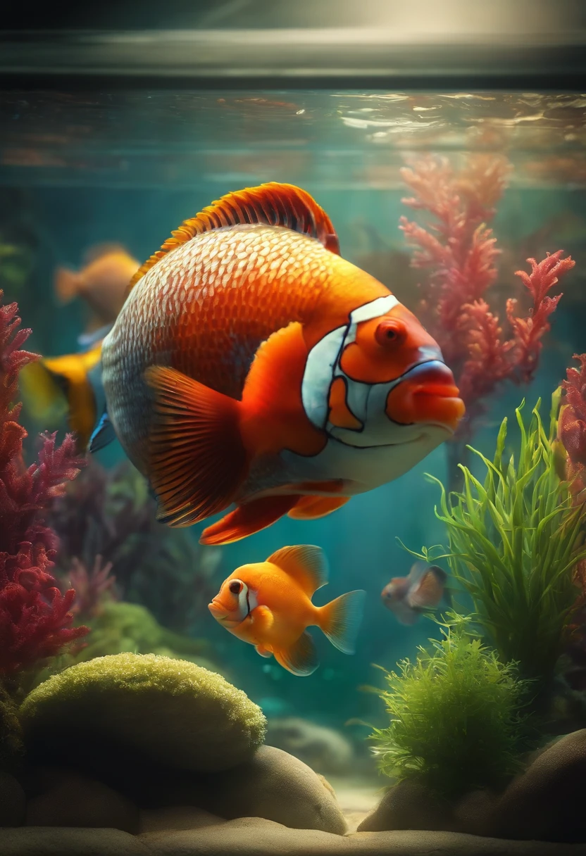 Poster no estilo disney pixar, a multi-tank fish tank with fish like Pacu, Pintado, Arraia, Piraputanga, Dourado, Cascudos, Piramboia, Cará-açu, Traíra and others... In the center of the hall, um lago cheio de peixes, People admiring the fish in the aquarium.