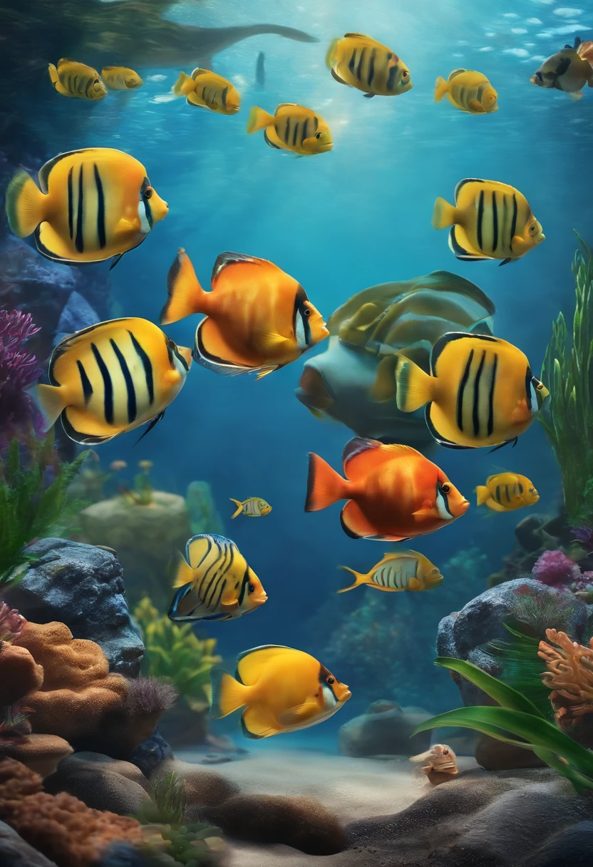 Poster no estilo disney pixar, a multi-tank fish tank with fish like Pacu, Pintado, Arraia, Piraputanga, Dourado, Cascudos, Piramboia, Cará-açu, Traíra and others... In the center of the hall, um lago cheio de peixes, People admiring the fish in the aquarium.