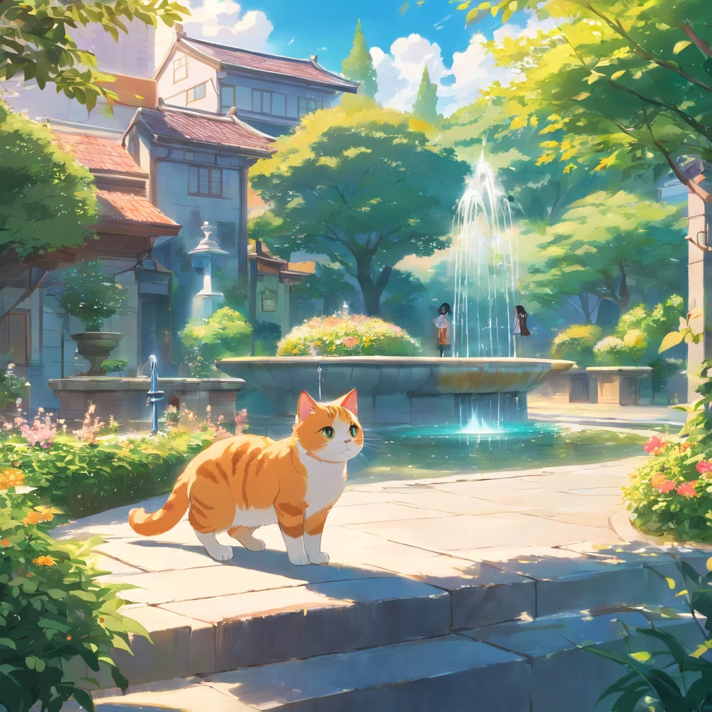 A girl, a round-eyed cute cat, Garden fountain, , Distant houses
