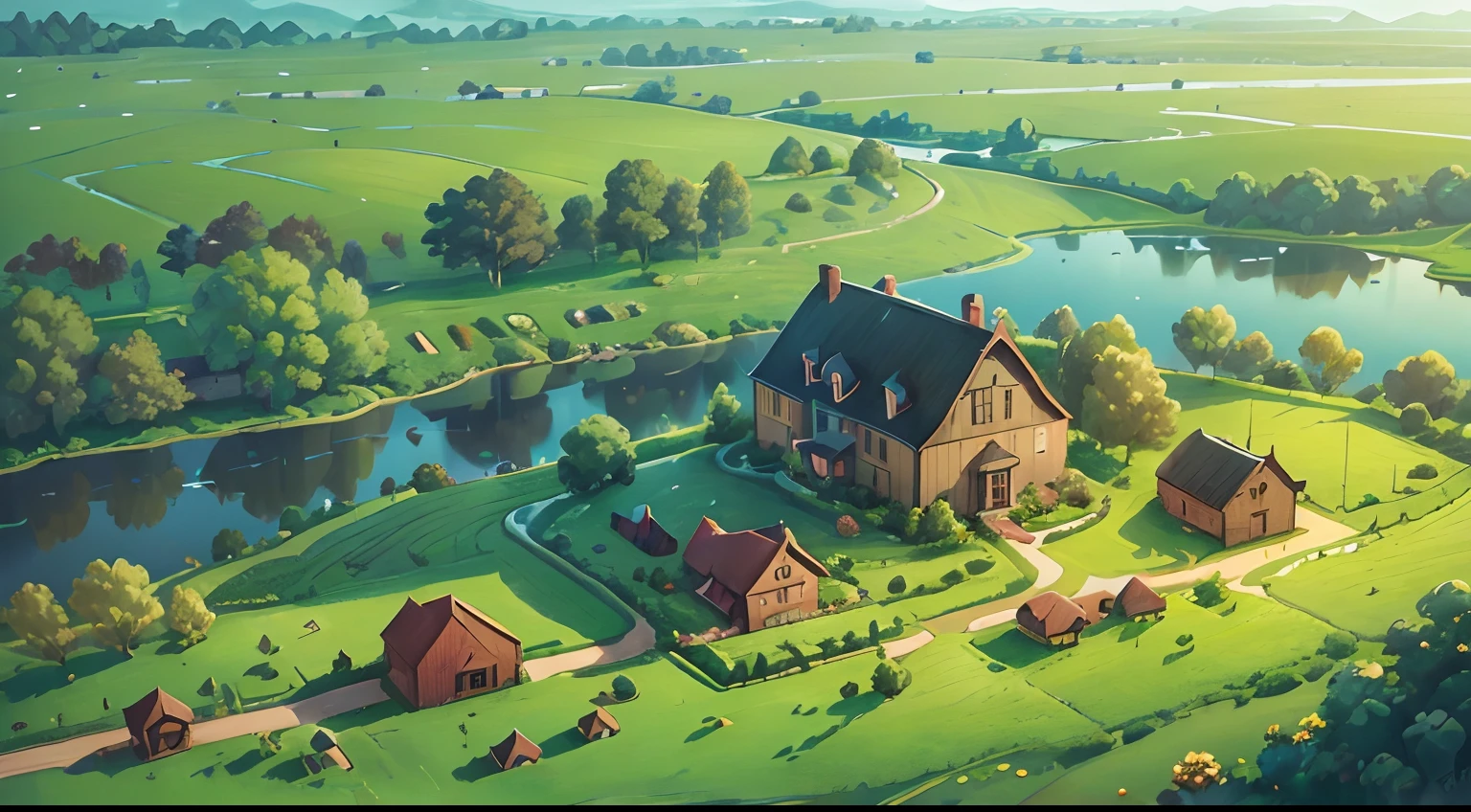 (((Aerial view))) of a flowery farmland at dusk. a classic farmhouse with a lake in front of the house peaceful seen from above. a road