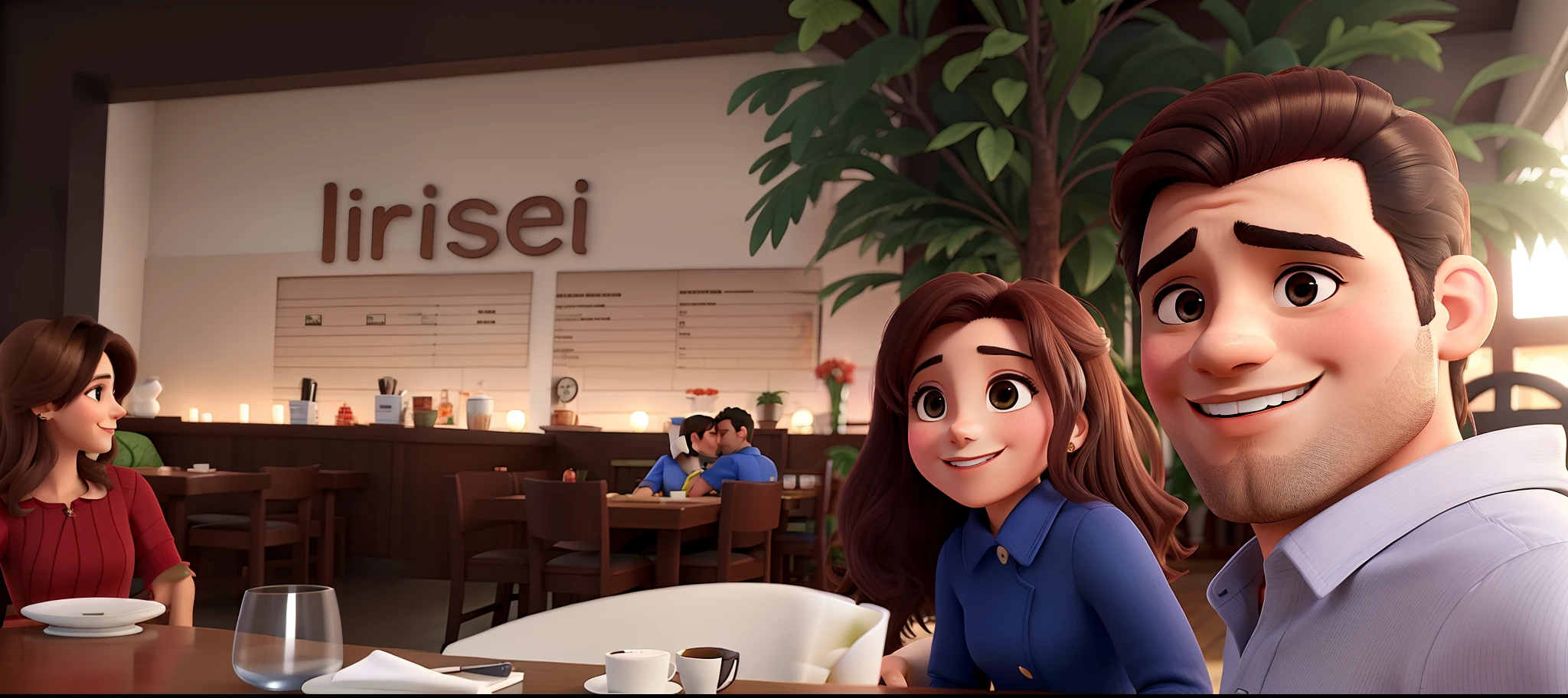 Um lindo casal em um restaurante sorrindo