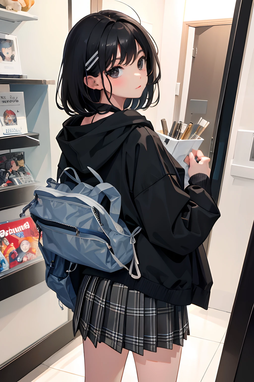 Looks Back，，（​masterpiece，Highest Quality），Grey Hoodie，plaid skirts，A dark-haired