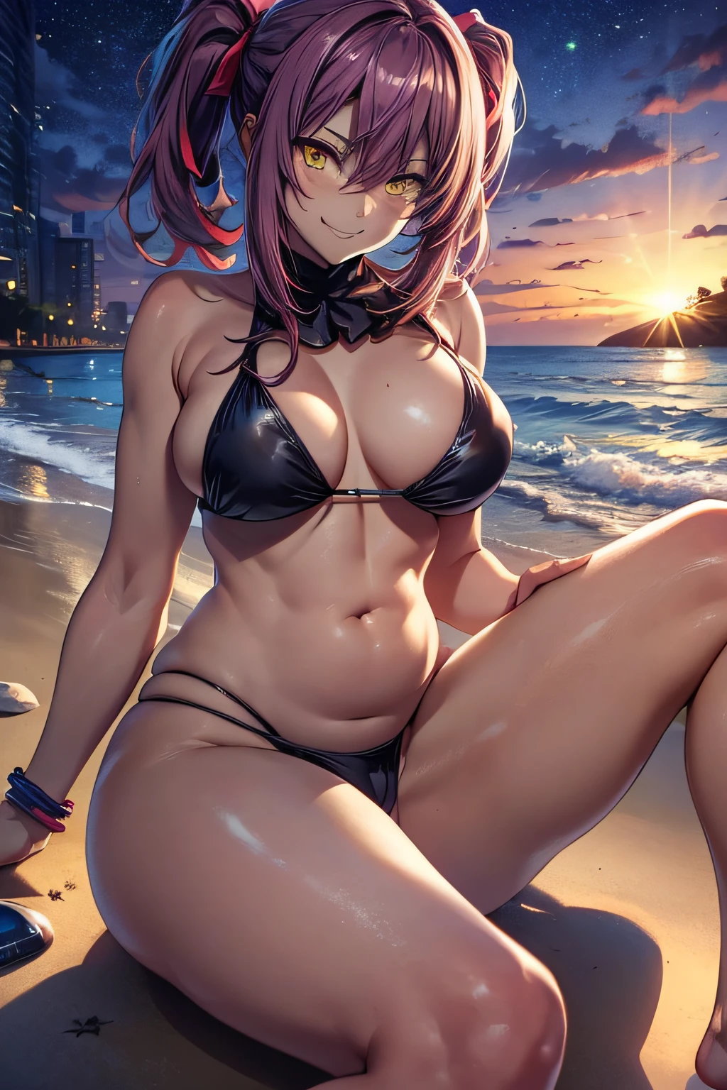 Ichika Amasawa, middlebreasts, (de costas com a bunda grande mostrando para mim), (((Muscle in the belly))), (((muscles in the thighs))), barefoot, (((usando um biquini preto muito curto))), foto de corpo inteiro, Beach scenery with stars in the sky and full moon, cabelos magenta, cabelos lisos, yellow eyes, evil smile, anime, anime style, En plein air, cinematic lighting, sparkle, jpeg artifacts, glowing light, ray tracing, image fill, panorama, Sony FE, UHD, masterpiece, ccurate, anatomically correct, super detail, high quality, highres, HD, 16k