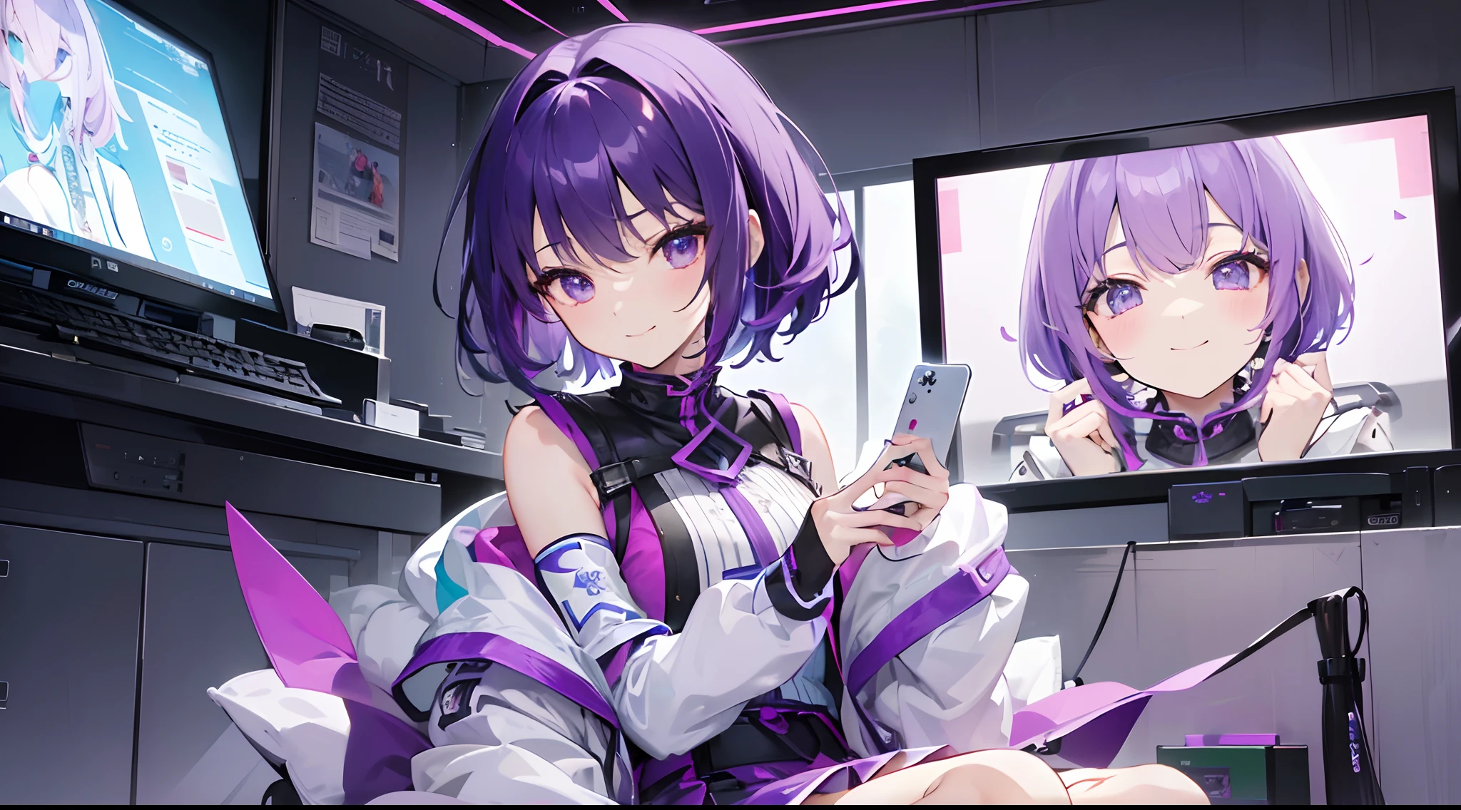 ((tmasterpiece,4k wallpaper,best qualtiy))、((girl with1a person))、(独奏)、Brilliant,(Purple hair)、short-cut、25-years old、Click here for the line of sight, correct々hali々and、desktop、Controller in hand、Inside、A smile、Sitting