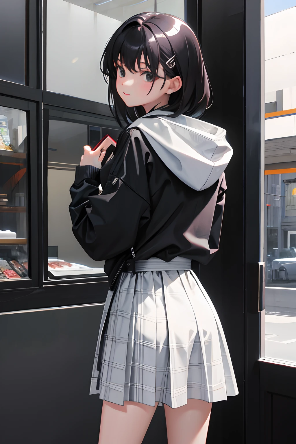 Looks Back，，（​masterpiece，Highest Quality），Silver Hoodie，plaid skirts，A dark-haired