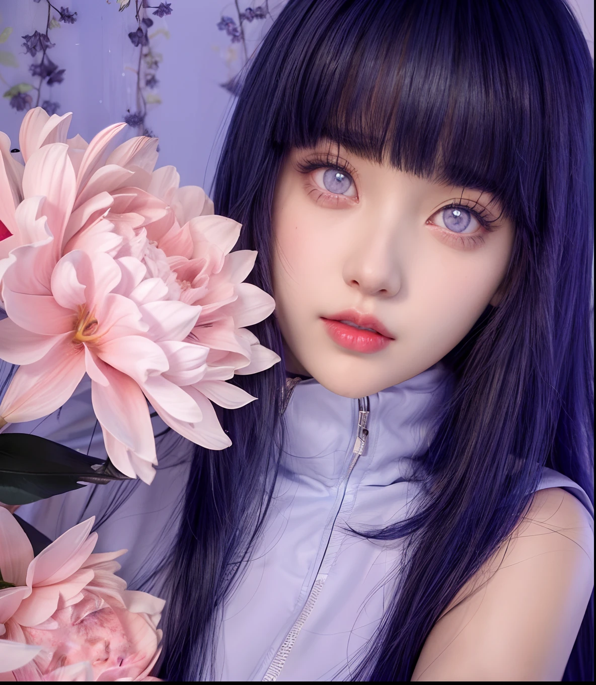 a close up of a person with long hair and a hoodie, hinata hyuga, hinata hyuga from naruto, from naruto, as an anime character, perfect anime face, she has dark blue hair with bangs, female anime character, anime character, anime best girl, hime cut hairstyle, dark blue hair, (red glossy lips:1.3), light purple eyes, big breasts, realistic, ultra detail, indoor background