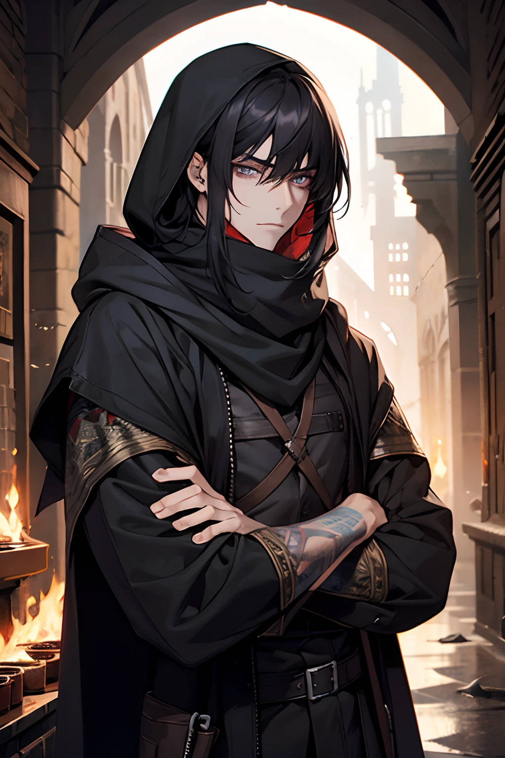 male, adult face, medium long length hair with bangs, black hair, blue-grey eyes, beautiful, tattoos, lean body, hooded scarf, pyromaniac, rogue mage, medieval
