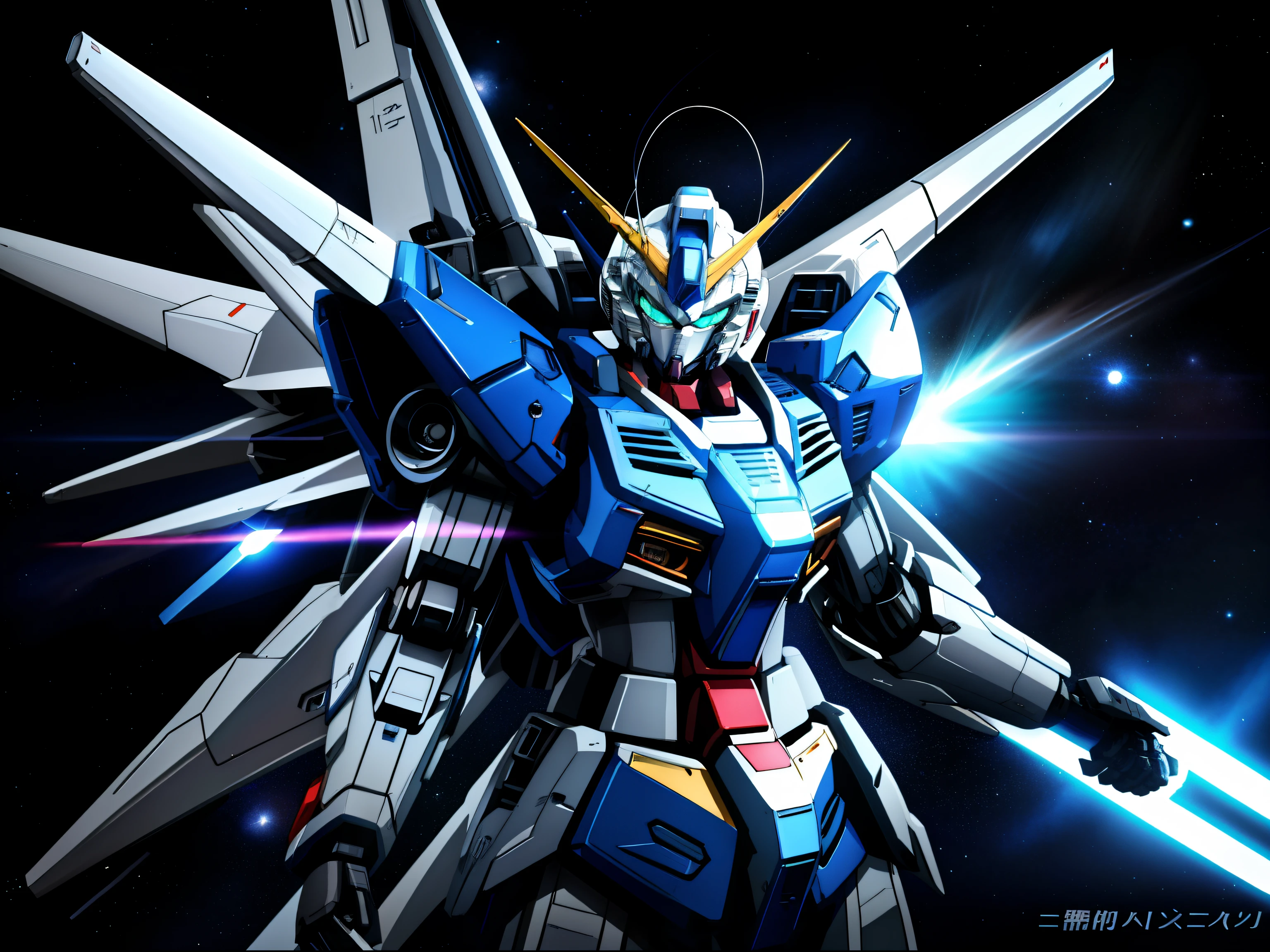 Mobile Suit Gundam、(cyborgs:1.1)、([tailed | Detailed wire]:1.3)、(More about Gundam)、nffsw、(intricate-detail、hyperdetails:1.2)、Cinematic shots、Mobile Suit Gundam、vignettes、cosmic space、Jet engine on the back、Equipped with an autocannon on the back、