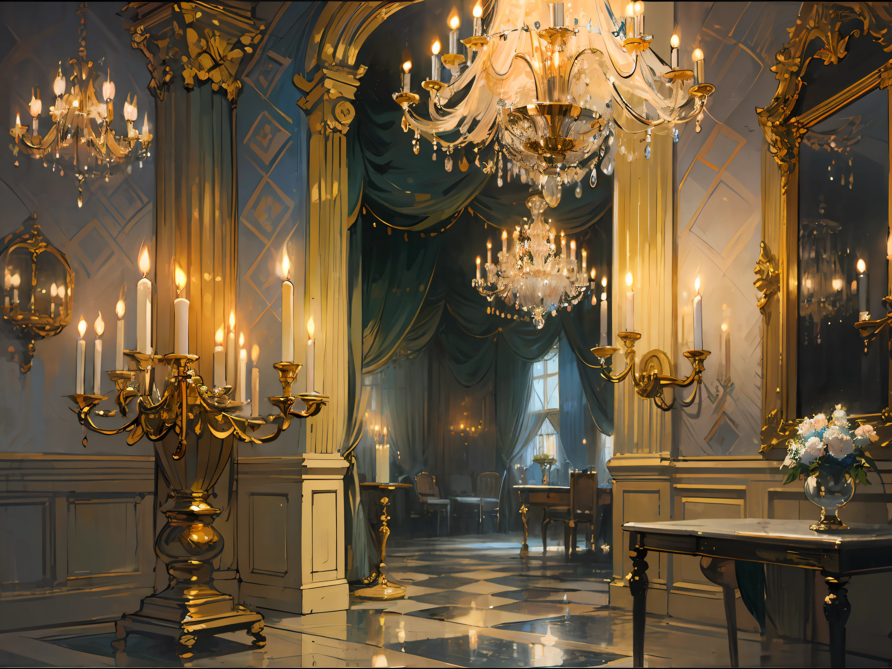 ((ballroom)), ((candle lights)), (columns), Chandeliers), (crystal), (Marble), (Gold Details), (Curtains), (19th century), (Renoir), (many), (oil painting), (Sketch)