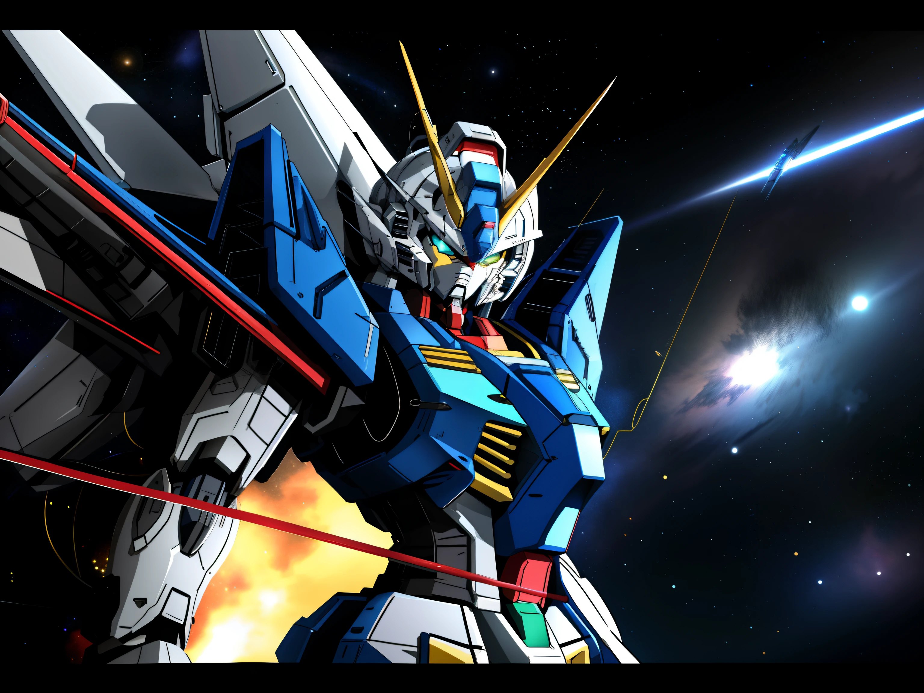 Mobile Suit Gundam、(cyborgs:1.1)、([tailed | Detailed wire]:1.3)、(More about Gundam)、nffsw、(intricate-detail、hyperdetails:1.2)、Cinematic shots、Mobile Suit Gundam、vignettes、cosmic space、Jet engine on the back、Equipped with an autocannon on the back、