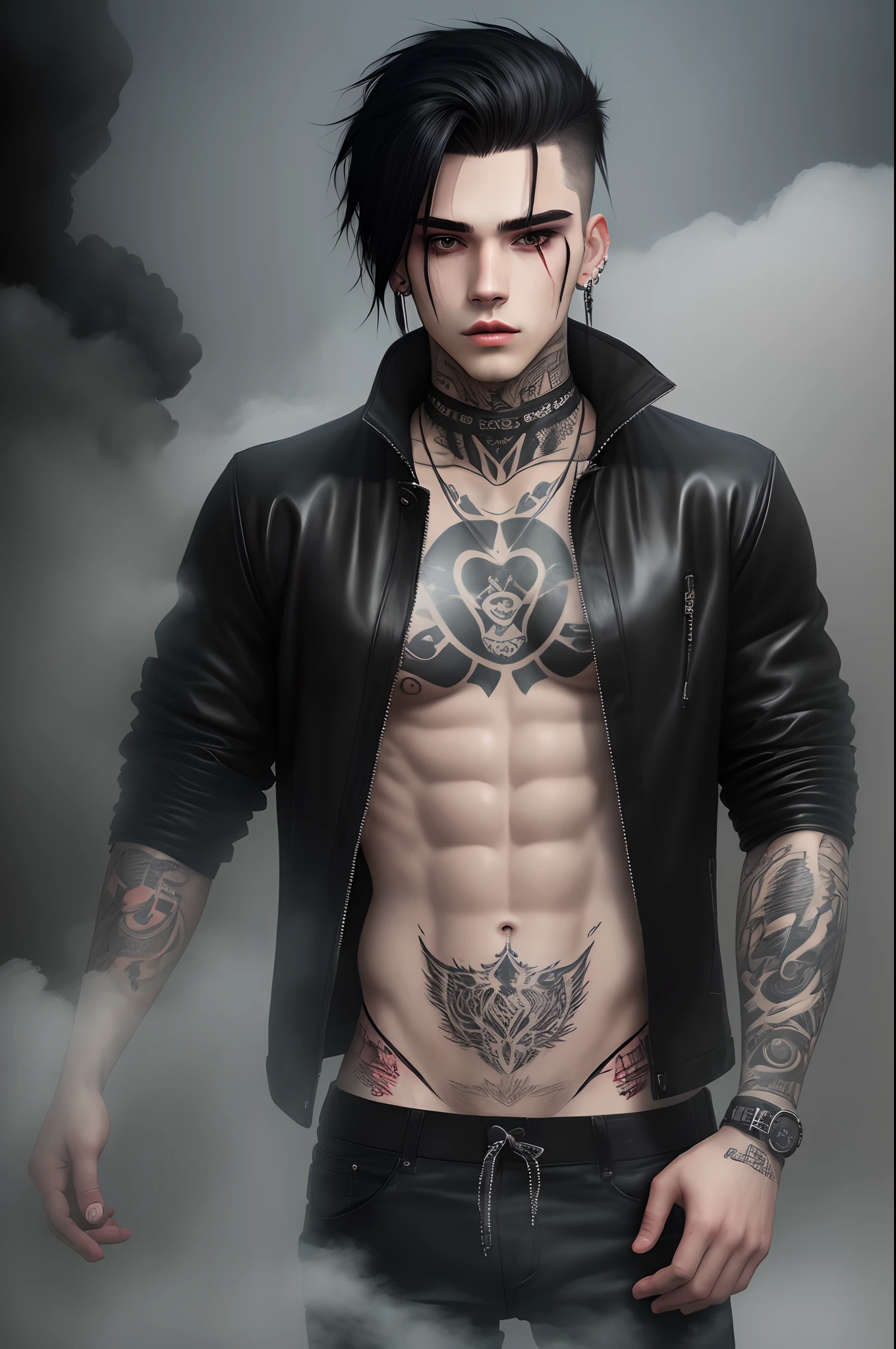 Male emo dressed in dark clothing grunge style, masculine to thin body type with tattoos and piercings with black fog shaped as hands in the background