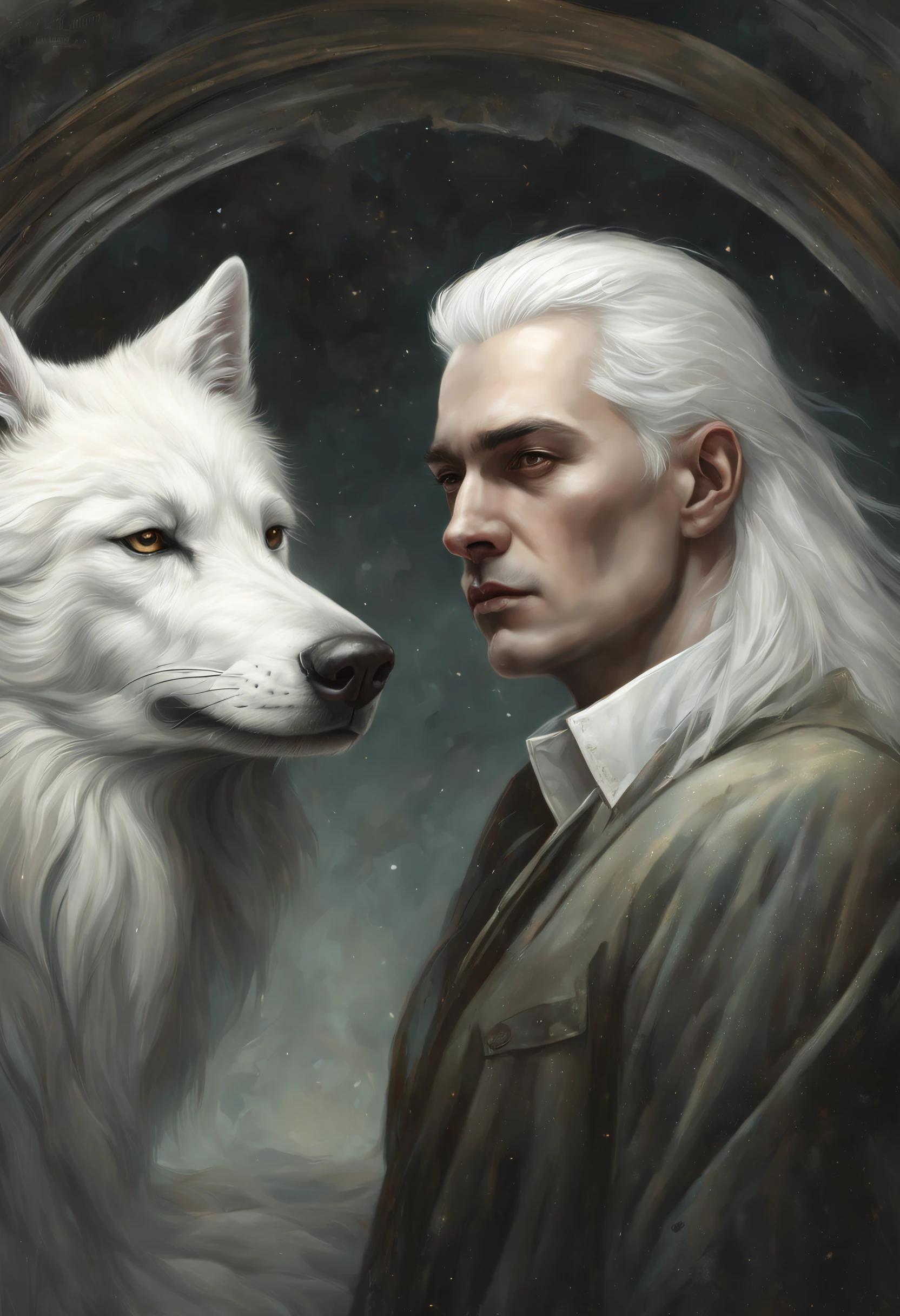 painting of a man with a white hair and a white wolf, darius zawadzki and tom bagshaw, tuomas korpi and wlop, donato giancola and tom bagshaw, yuri shwedoff and tom bagshaw, tom bagshaw donato giancola, hyperrealistic fantasy art, wlop and andrei riabovitchev