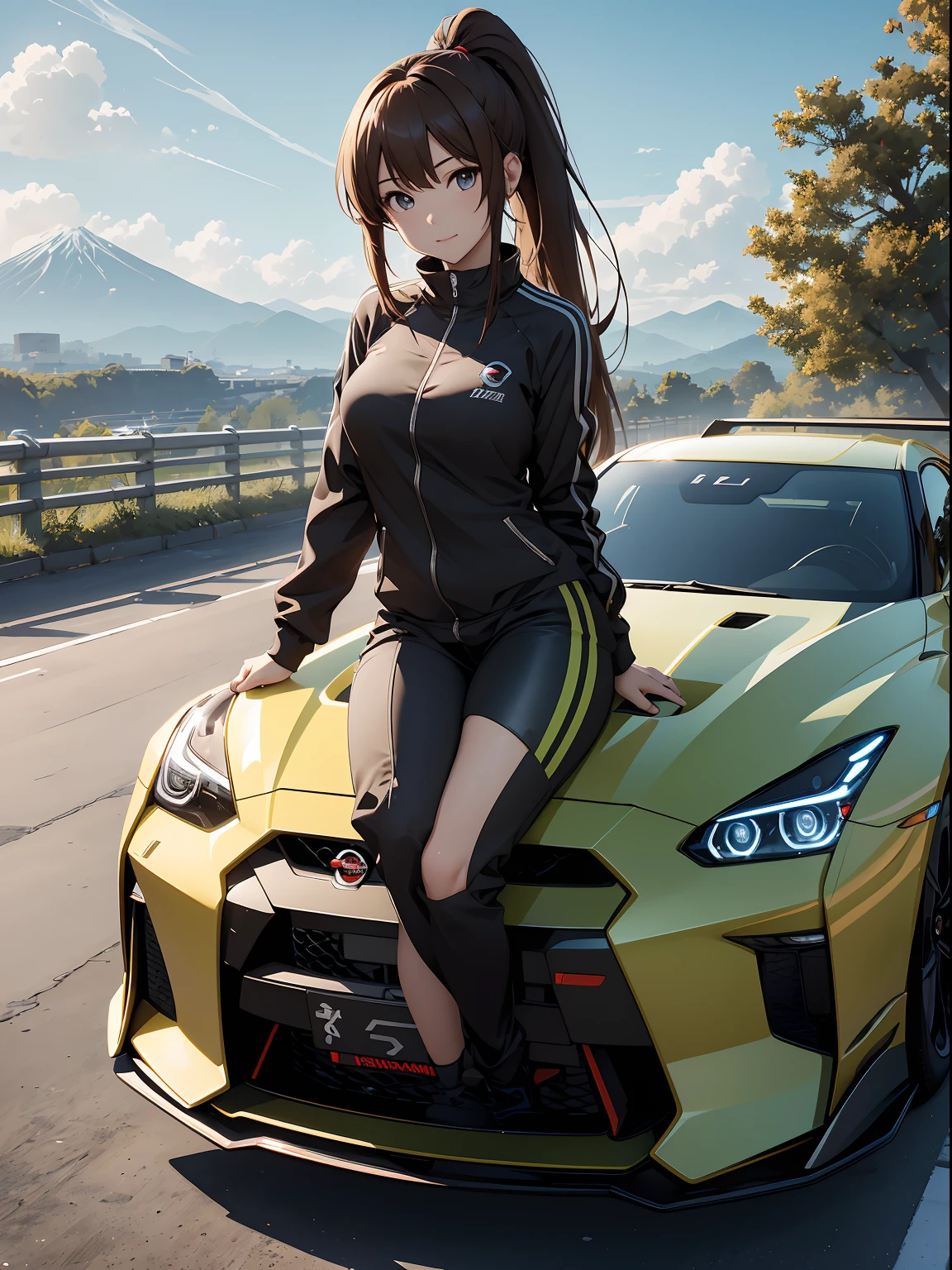 16K, HDR, ray tracing, RTX, ultra realistic, highres, wide angle shot, best quality, masterpiece, full body image, (perfect anatomy ), a cute girl for a photograph sitting on a Nissan gtr hood, wearing short sexy green track suit, big boobs, long brown hair, ponytail, bangs, happy chuckle, brown eyes, sexy body, looking at the camera, day time, blue sky, clouds, anime style, outdoors, trending on artstation, WLOP, sakimichan, award wining, great composition, perfect, great lighting, car girl, 1car, Nissan gtr, japan village, cute girl, mountain road, drift girl