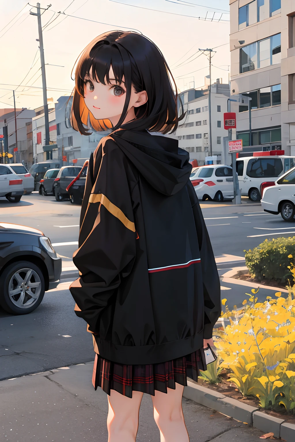 Looks Back,,(masterpiece,Highest Quality),Brown fleece hoodie,plaid skirts,A dark-haired
