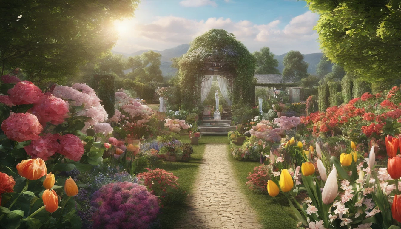 Together with the shining sun, it creates a realistic landscape of a beautiful flower garden. paradise