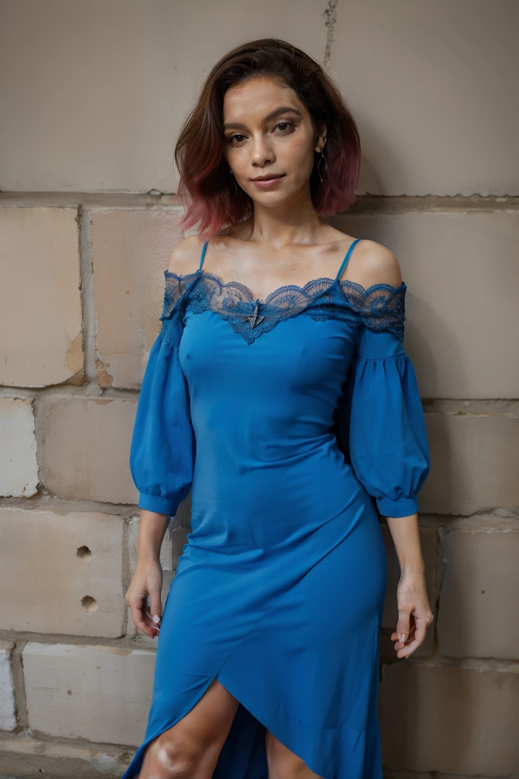 Mulher linda,cabelo comprido da cor pink, olhos azuis, feliz, vestido azul, standing in pose
