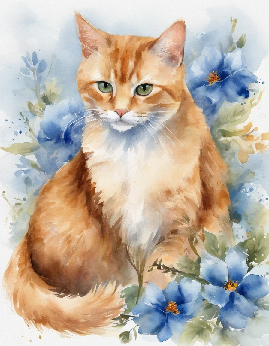 「It is a ginger cat and blue flower themed design。The characteristic fur of ginger cats is depicted in detail、Blue flowers elegantly unfold。Pale background and delicate light and dark、Bringing tranquility and beauty to design。It is a work that expresses the charm of ginger cats and the elegance of blue flowers.。Watercolor sublimation, Vector art, Illustration, Intricate details, Highly detailed, detaileds, 12K, High resolution, hyper HD