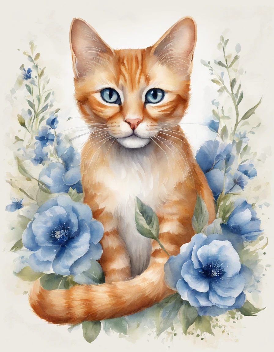 「It is a ginger cat and blue flower themed design。The characteristic fur of ginger cats is depicted in detail、Blue flowers elegantly unfold。Pale background and delicate light and dark、Bringing tranquility and beauty to design。It is a work that expresses the charm of ginger cats and the elegance of blue flowers.。Watercolor sublimation, Vector art, Illustration, Intricate details, Highly detailed, detaileds, 12K, High resolution, hyper HD