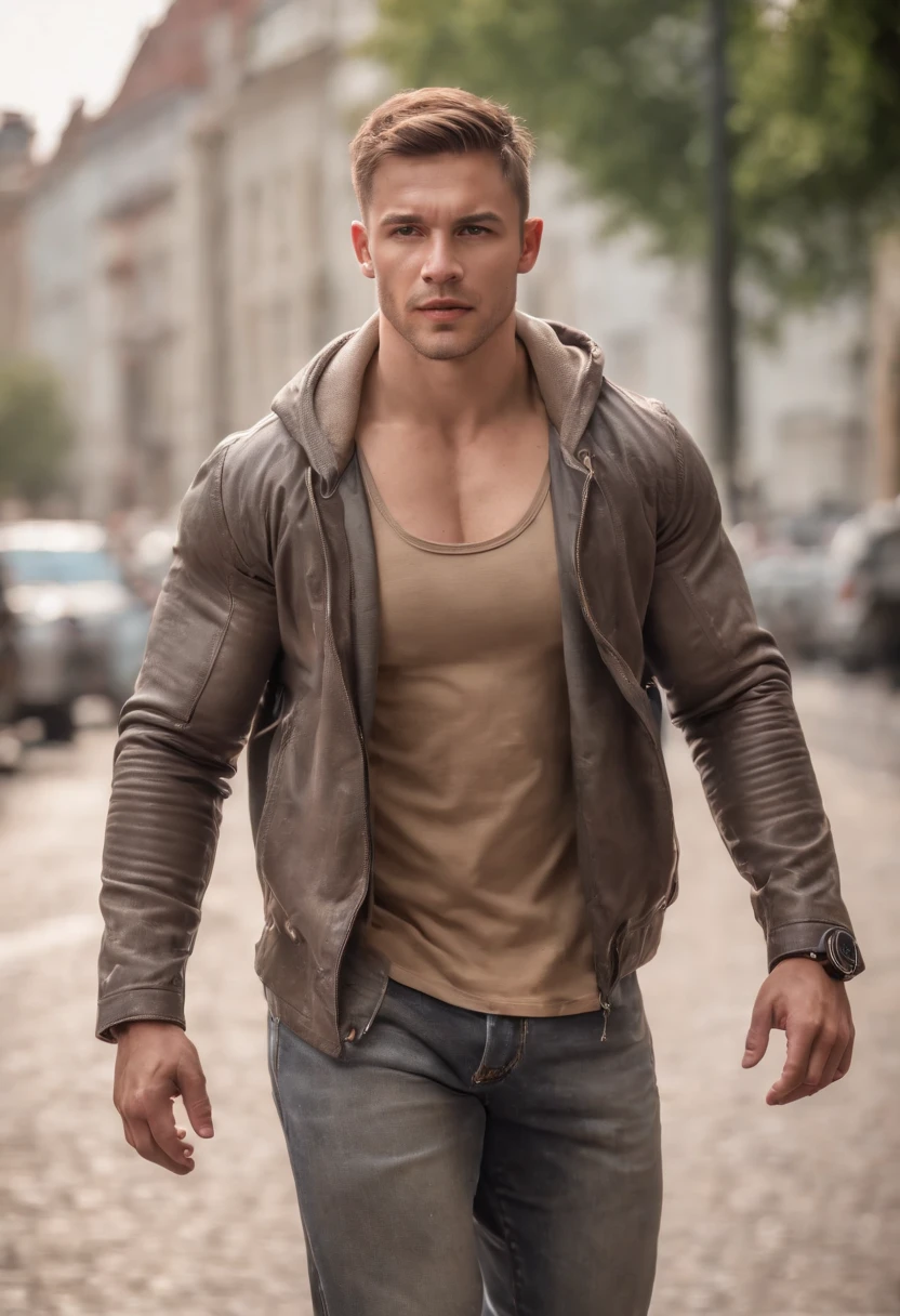 Strong muscular man, street rage, backpack, epic realism, photo, faded, complex stuff around, complex background, wet, neutral colors, ((((hdr)))), (((( muted colors)))), complex scene, artstation, intricate details, vignette