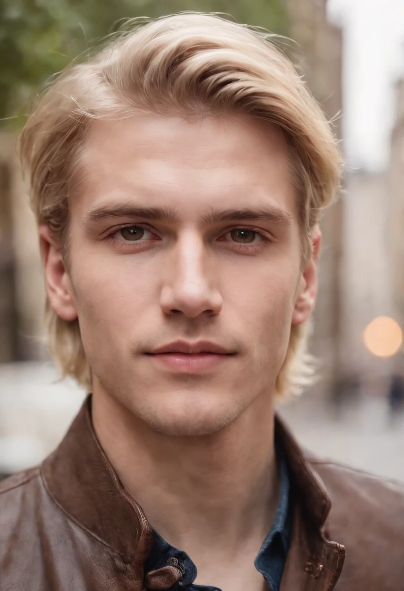 Blonde Man , medium-length hair , Brown , superb, Brown eyes , Held in the city, Style is an emotional and calm scene., Portraits on social networks, Capture portraits in detail, (upper body)
