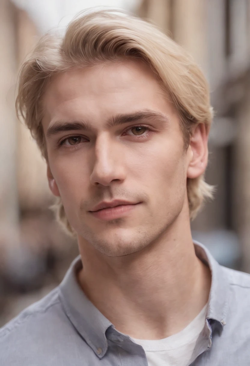 Blonde Man , medium-length hair , Brown , superb, Brown eyes ,  Held in the city, Style is an emotional and calm scene., Portraits on social networks, Capture portraits in detail, (upper body)