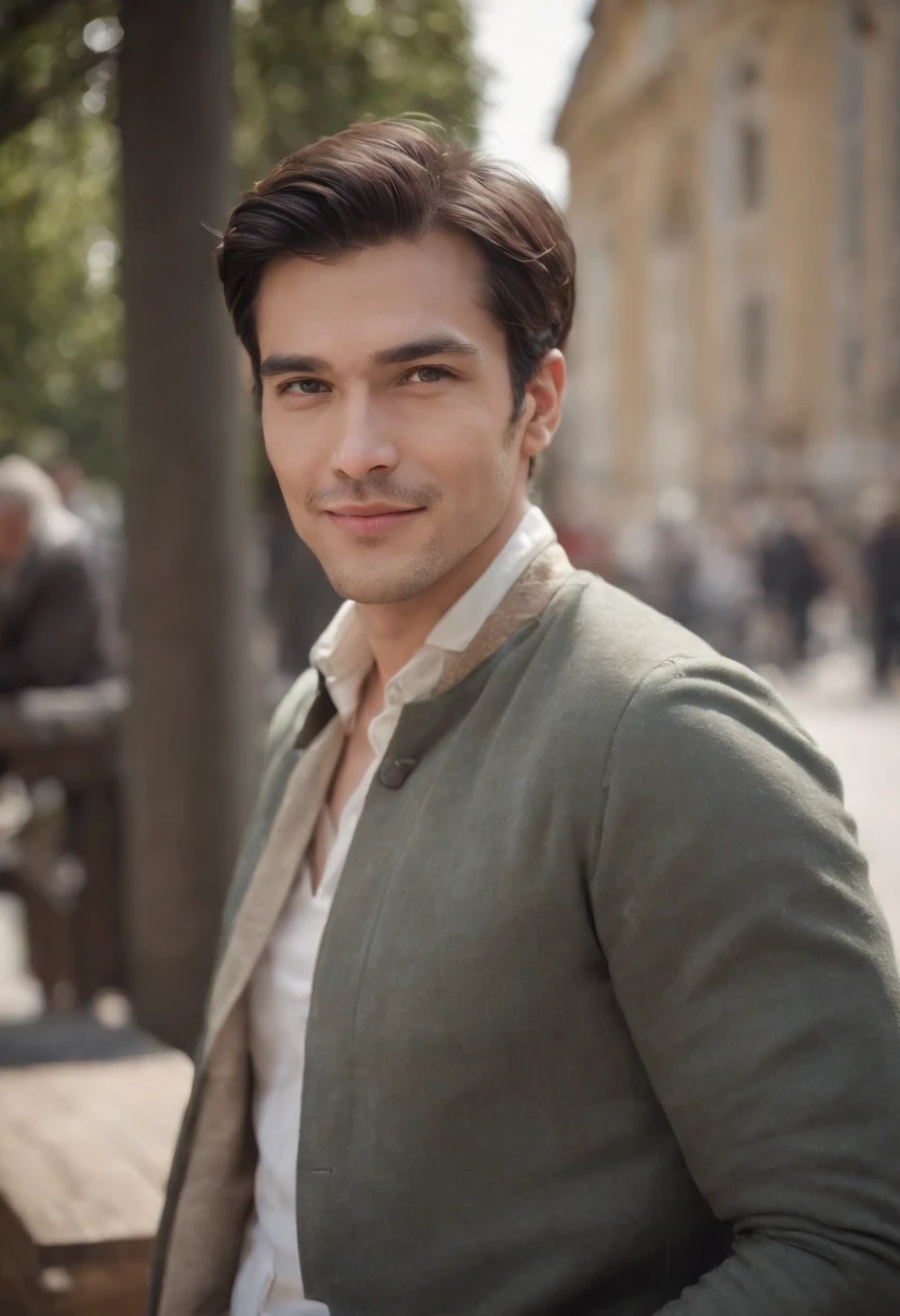 (masterpiece:1.5, bestquality:1.2, low quality:0.9), Grainy realistic photography of the 60s, The handsome man smiled., bench, Black Hair, no beard