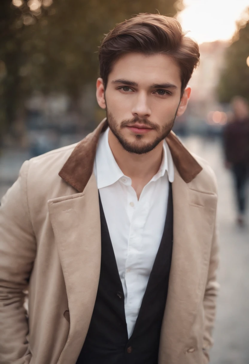 22-year-old boy, White shirt,The coat is soft, light, tangle., Soft beard, looking at the camera, half body portrait,Straight Positioning, perfect lighting, Deep Shadows, bestquality, masterpiece, ultra highres, photorealistic portrait