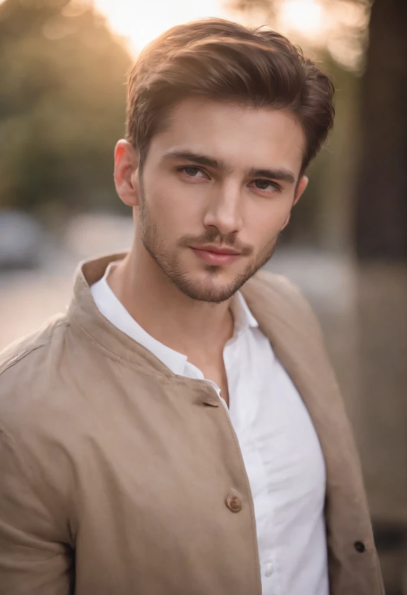 22-year-old boy, White shirt,The coat is soft, light, tangle., Soft beard, looking at the camera, half body portrait,Straight Positioning, perfect lighting, Deep Shadows, bestquality, masterpiece, ultra highres, photorealistic portrait