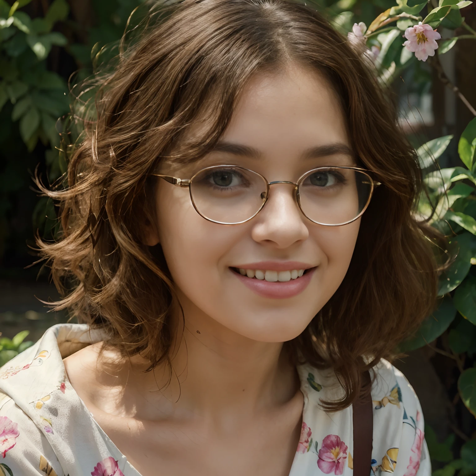 (best quality,4k,8k,highres,masterpiece:1.2),beautiful detailed curly brown hair with a bun,oval face with neither narrow nor wide features, beautiful smiling face with oval glasses,3D rendering,detailed and realistic,gorgeous eyes,pretty lips,pure skin,[vivid colors],[studio lighting],[sharp focus],[physically-based rendering],[extreme detail description],[ultra-fine painting],charming girl with curly hair and glasses,wearing stylish clothes,standing in a 3D artistic drawing of a garden scene, surrounded by vibrant flowers and lush greenery,captivating natural lighting, radiating a warm and inviting atmosphere,natural and relaxed pose,exuding confidence and joy.