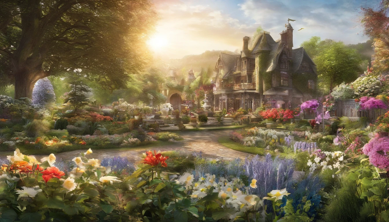 Together with the shining sun, it creates a realistic landscape of a beautiful flower garden. paradise