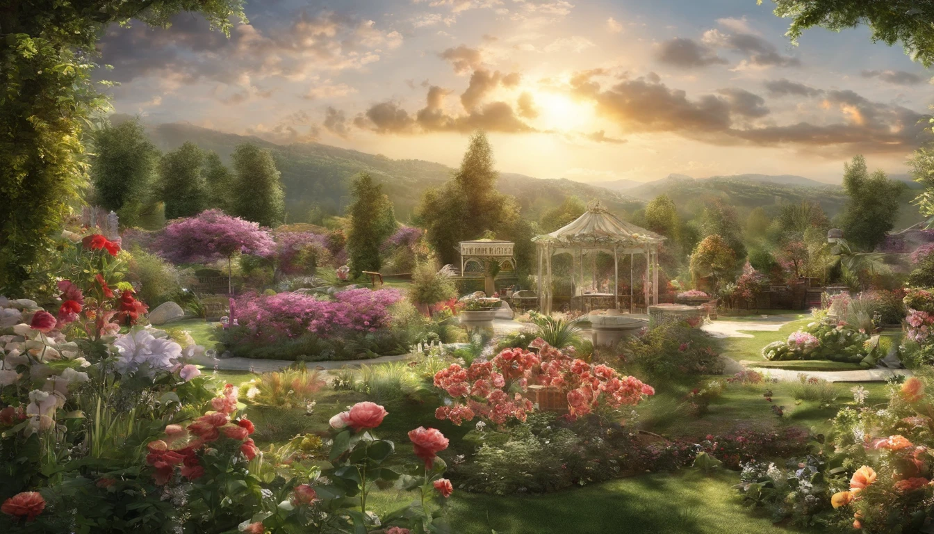 Together with the shining sun, it creates a realistic landscape of a beautiful flower garden. paradise