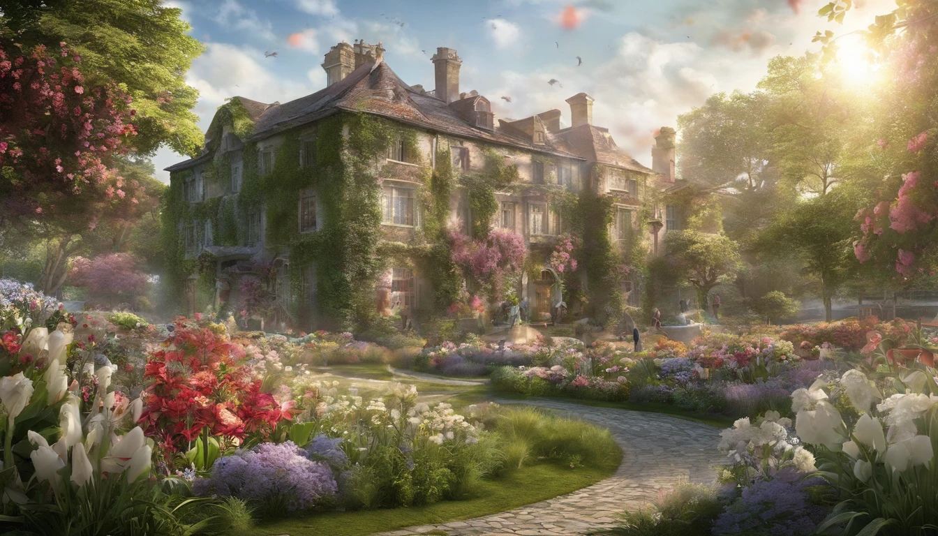 Together with the shining sun, it creates a realistic landscape of a beautiful flower garden. paradise