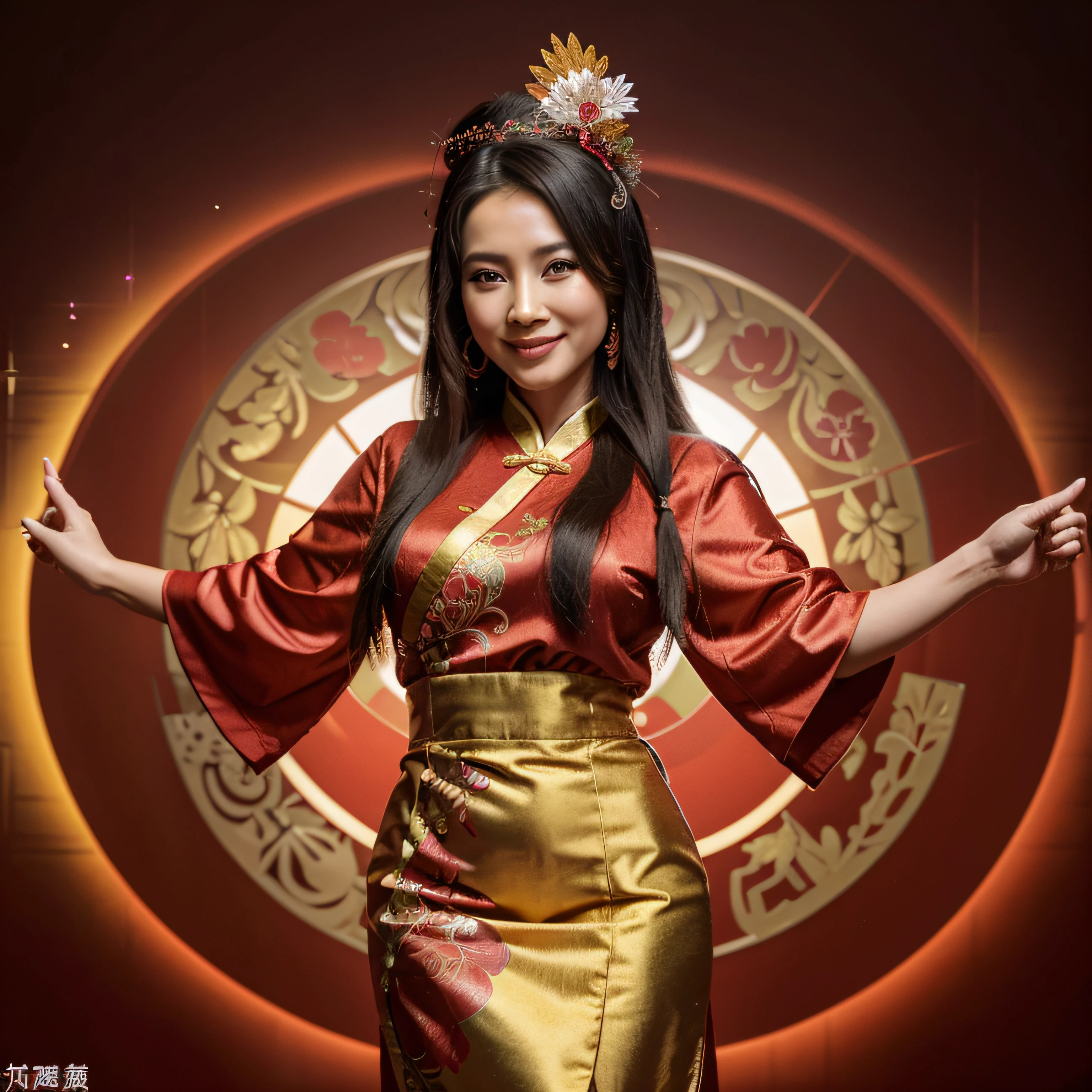 Personagem principal jogo de Cassino ao Vivo chamado BacBo, Happy asian woman in the center of the image, Red and bright oriental Chinese style dress, mulher bonita, realista e full HD, fundo abstrato e cheio de brilhos e moedas caindo