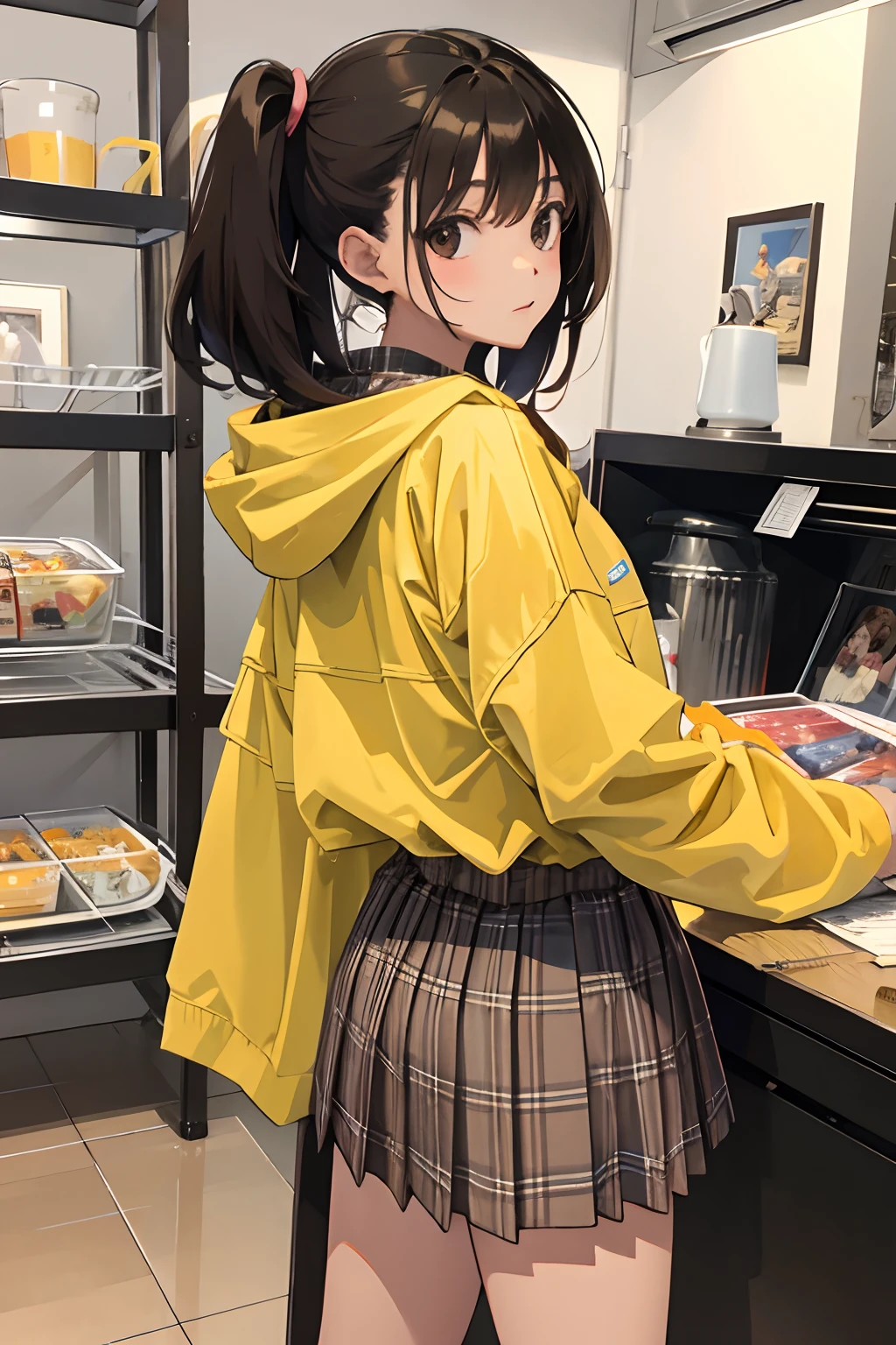 Looks Back,,(masterpiece,Highest Quality),Light Brown Fleece Hoodie,plaid skirts,A dark-haired