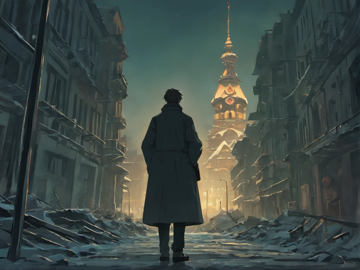 A man with a guitar stands in front of a post-Soviet building, under the night sky. The building showcases the architecture of the USSR era, with its distinct style and worn-out aesthetic. The atmosphere exudes a sad Russian vibe, reminiscent of the early 90s. The man portrays a doomer archetype, reflecting the feelings of melancholy and nostalgia. The scene is further enhanced by the presence of a post-apocalyptic wave, symbolizing the struggles of the past and the uncertain future. The prompt seeks to capture the essence of post-Soviet Russia, encapsulating the perestroyka period and the old vibe of the era. The image should have a high-quality, realistic, and ultra-detailed portrayal of the surroundings. The colors should be vivid, depicting the night ambiance with the interplay of shadows and lighting. The prompt aims to evoke a sense of longing and reflection through the combination of the man, the guitar, the buildings, and the overall atmospheric setting.